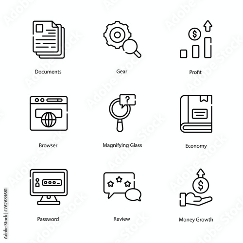 Accounting icons set, Accounting, Finance, Bookkeeping, Taxation, Audit, Budgeting, Ledger, Balance Sheet, vector stock illustration.