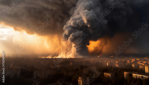 Smoke rises high after the air strike in the warzone city photo