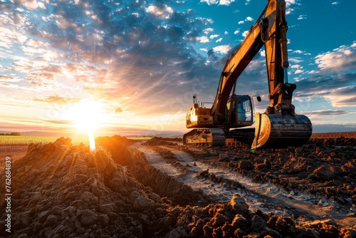 quarry excavator loading ore at sunset