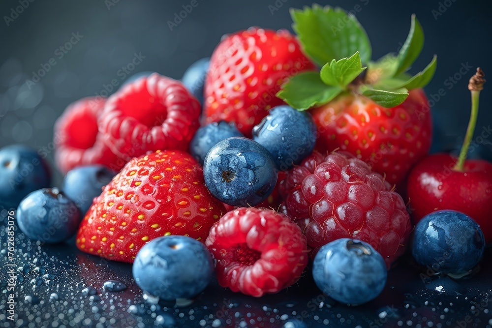 A Close-Up View of Fresh, Juicy Strawberries and Blueberries. A Close-Up View of Fresh, Juicy Strawberries and Blueberries.