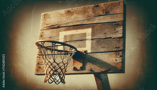 A vintage style photograph of an old basketball hoop attached to a weathered wooden backboard. The image evokes nostalgia for the early days of basketball