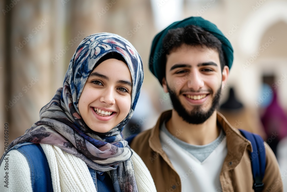 Smiling middle eastern students looking at the camera male and female.
Smiling middle eastern students looking at the camera male and female.