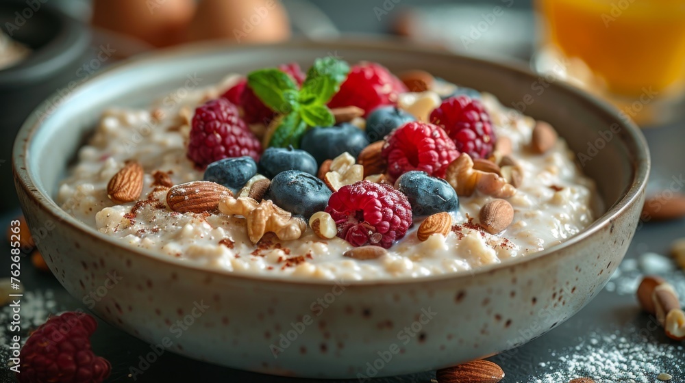 A morning breakfast scene with a focus on balance a bowl of oatmeal topped with fresh berries and nuts, served alongside a glass of freshly squeezed orange juice and a side of scrambled eggs A morning breakfast scene with a focus on balance a bowl of oatmeal topped with fresh berries and nuts, served alongside a glass of freshly squeezed orange juice and a side of scrambled eggs