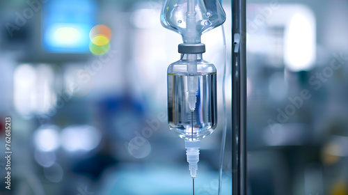 Vital Lifeline: Close-up Shot of an Intravenous Fluid Bag in a Hospital Setting