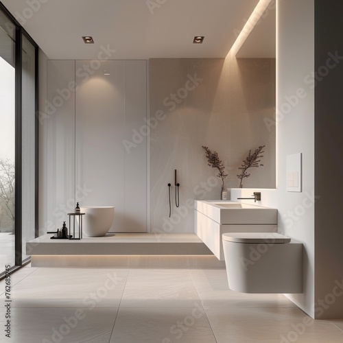 A minimalist bathroom with smooth  white walls and hidden storage  showcasing a clutter-free environment that emphasizes the beauty of simplicity and functional design 