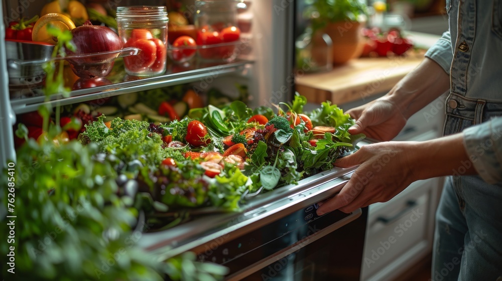 A person in a sun-drenched kitchen opens their fridge to pick a colorful salad packed with fresh greens, vibrant veggies, and lean protein, the kitchens white and light wood tones creating