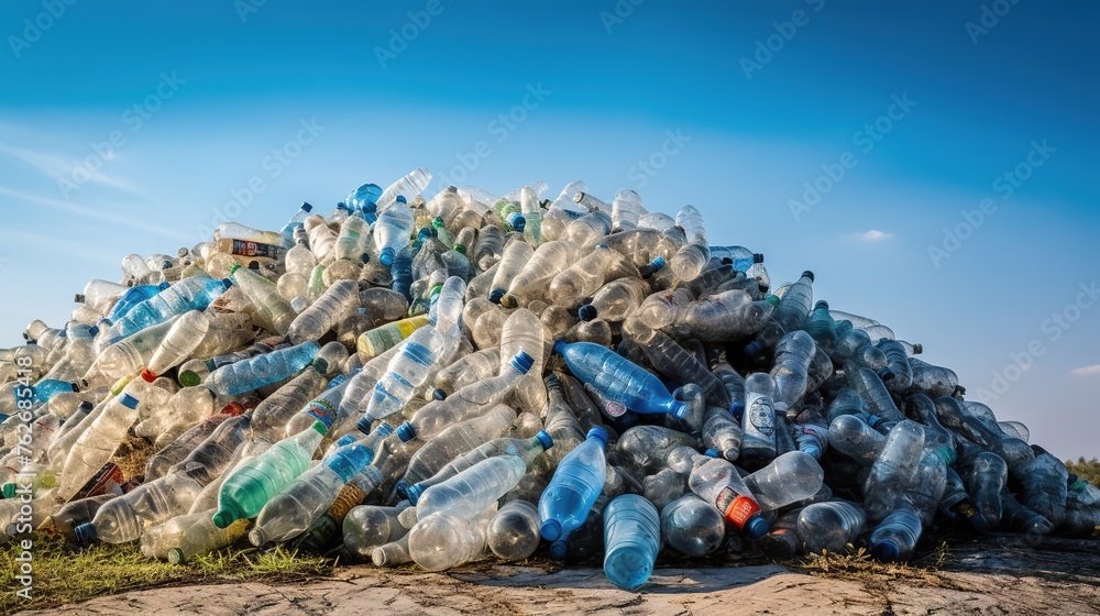 Huge pile of plastic waste, used plastic bottles under clear sky on a sunny day pollute the environment