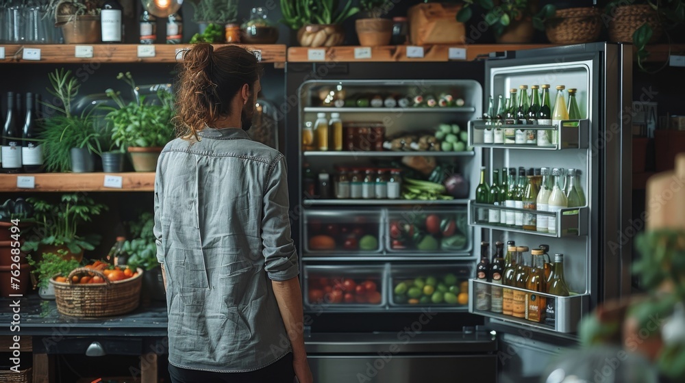 A person rearranges their refrigerator after reading about the Mediterranean diet, prioritizing olive oil, fresh fish, and an abundance of fruits and vegetables, embracing heart-healthy fats