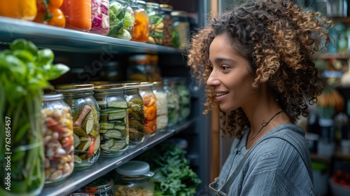 A person rearranges their refrigerator after reading about the Mediterranean diet  prioritizing olive oil  fresh fish  and an abundance of fruits and vegetables  embracing heart-healthy fats