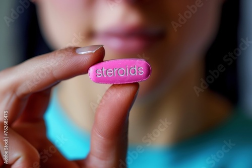 woman fingers holding a pill that has the "Steroids" word written in it	
