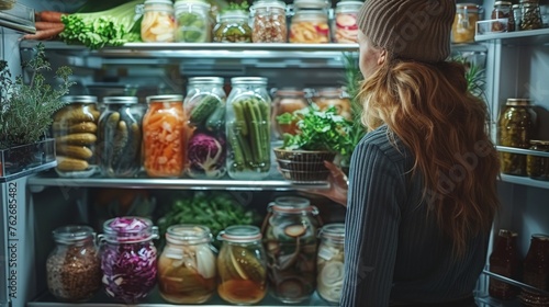 A person rearranges their refrigerator after reading about the Mediterranean diet, prioritizing olive oil, fresh fish, and an abundance of fruits and vegetables, embracing heart-healthy fats