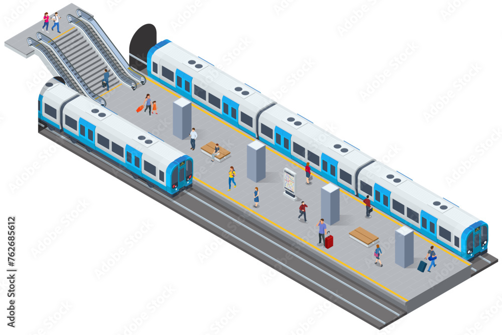 Isometric subway station platform. Included underground train, station. Subway station, railway rapid transit system, metro platform Isometric subway station platform. Included underground train, station. Subway station, railway rapid transit system, metro platform