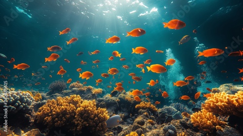 A Serene Underwater Scene of Vibrant Marine Life Among Corals