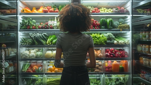 A person stands in front of an open refrigerator filled with colorful vegetables, fruits, lean proteins, and dairy products, contemplating their next healthy meal