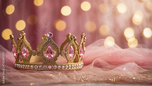 Princess Majestic Crown on Pink Fabric with Glittering Bokeh Background