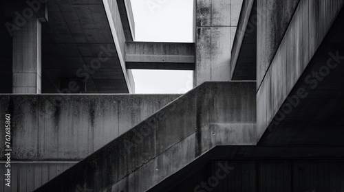 High contrast black and white image emphasizing the geometric shapes of a modern concrete structure