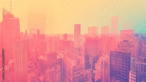 Colorful and vibrant sunset cityscape overlay with warm tones. Gradient colors. And contemporary architecture