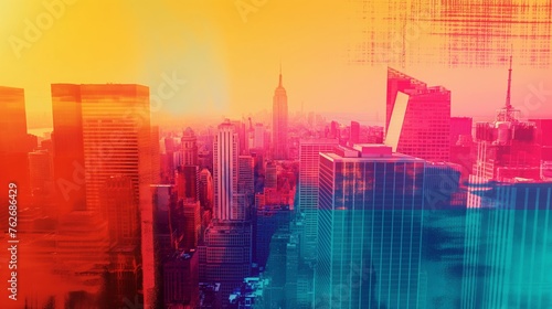 Colorful abstract overlay on a cityscape silhouette during sunset