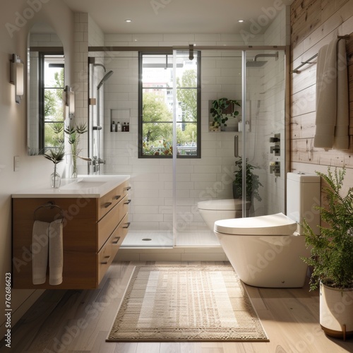 A sleek  gender-neutral bathroom design featuring crisp white walls  clean lines  and multifunctional fixtures  embodying a modern approach to shared spaces 