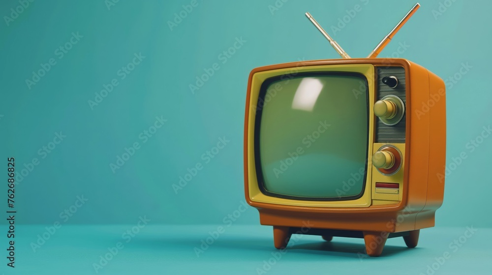 Classic retro orange tv against a bright turquoise backdrop