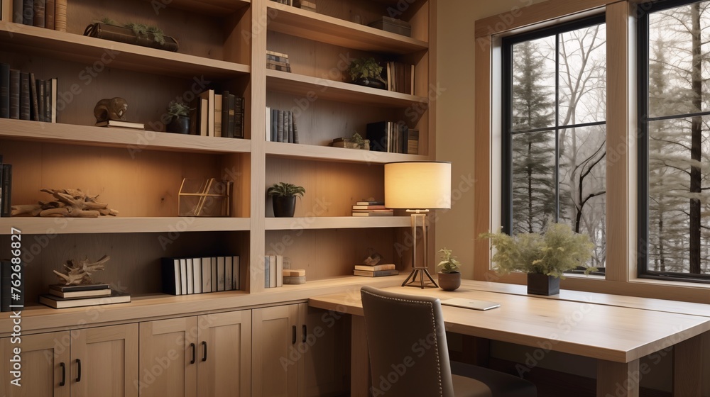 Home office with light oak built-ins and evergreen wood writing desk top. Home office with light oak built-ins and evergreen wood writing desk top.