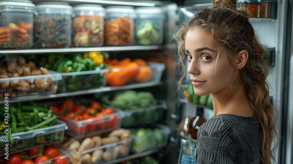 A young adult peeks into their fridge, which is organized with meal prep containers labeled with days of the week, each filled with balanced portions of vegetables, showcasing an organized
