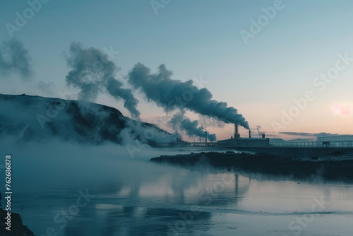 A geothermal power plant in the soft light of dusk, the rising steam symbolizing the harnessing of the earth's natural heat