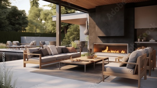 Inviting outdoor living space with fresh cedar accents, modern concrete fireplace, and cozy seating area. © Aeman
