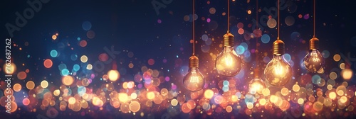 Illuminated filament lamps hang on laces in a beautiful interior on a blurred bright multi-colored background, festive lighting for a cafe or bar, banner