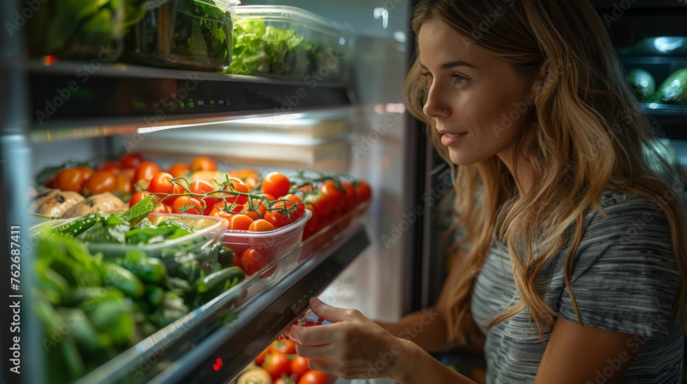 An individual peering into their fridge, their hand selecting ingredients for a balanced meal--a vibrant array of greens, cherry tomatoes, a container of quinoa, and a piece of grilled chicken,