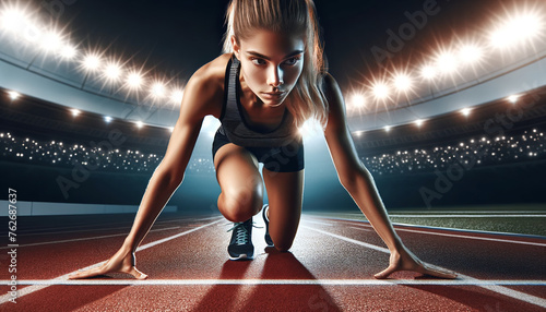 Female runner in a starting position on a track, her expression focused and determined. She is wearing competitive running gear against a backdrop of stadium lights