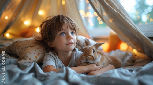In a brightly lit bedroom, a child carefully builds a pillow fort for themselves and their rabbit, the soft, warm light enhancing the sense of adventure and shared spaces that pets and children