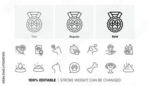 Veterinary, cat food and dog care. Pets line icons set. Lovely animals, shampoo for pets and doghouse icons. Vaccine, pet care and dog paw. Winner cup, certificate and medal. Animal feces. Vector