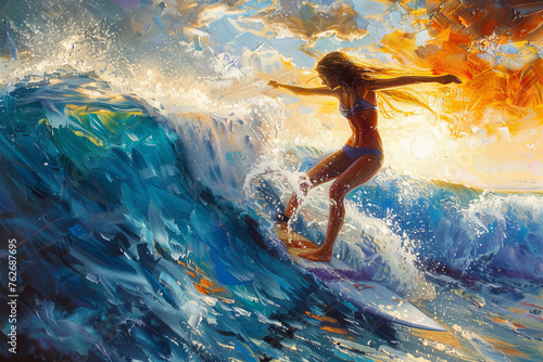 A girl in a daring pose, surfing on a wave with skill and grace. photo