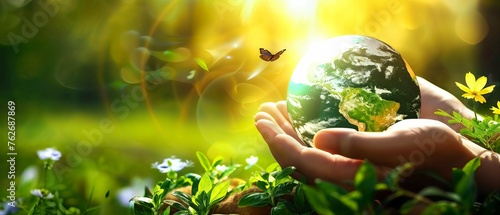 Sustainable Future: Hand Cradling a Verdant Earth with Butterflies and Vegetation, Copy Space