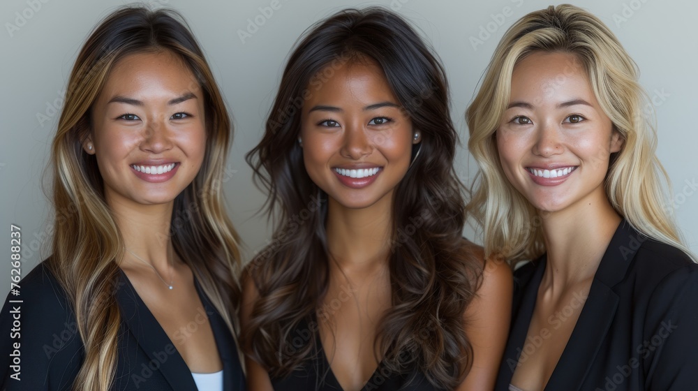 Three stunning women posing together against a white backdrop, each with a radiant smile Three stunning women posing together against a white backdrop, each with a radiant smile