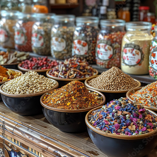 Vibrant market spices arranged in bowls photo