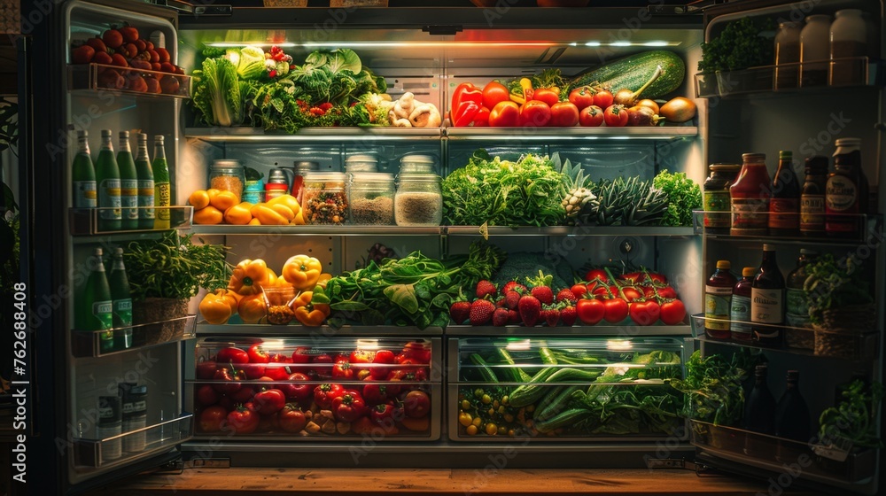 The glow of a refrigerator light in a dimly lit kitchen reveals a collection of locally sourced, seasonal produce, emphasizing the importance of supporting local farmers and maintaining 