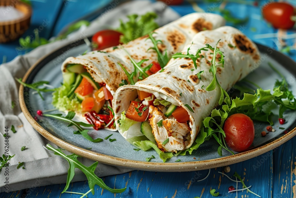 Tortilla wrap with chicken and fresh vegetables in plate on wooden table Tortilla wrap with chicken and fresh vegetables in plate on wooden table