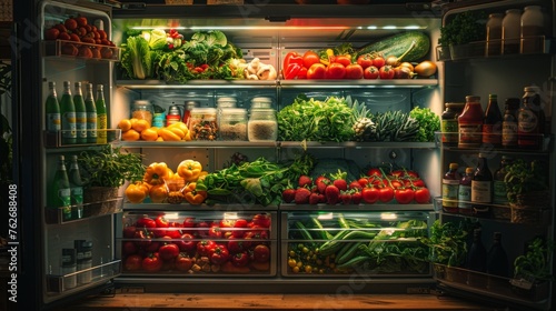 The glow of a refrigerator light in a dimly lit kitchen reveals a collection of locally sourced, seasonal produce, emphasizing the importance of supporting local farmers and maintaining 