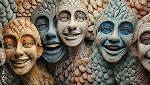 A group of carved wooden faces © Mike