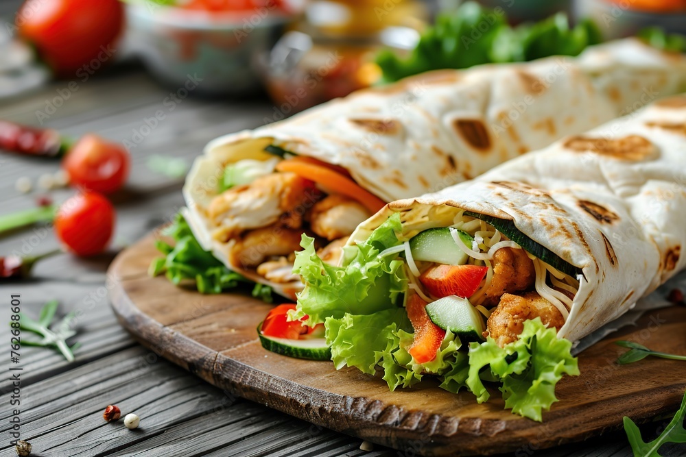 Tortilla wrap with chicken and fresh vegetables in board on wooden table Tortilla wrap with chicken and fresh vegetables in board on wooden table