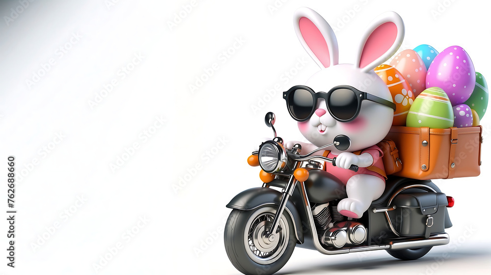 3D Cool Easter bunny with sunglasses and Easter eggs in his backpack on a motorbike. - obrazy, fototapety, plakaty 