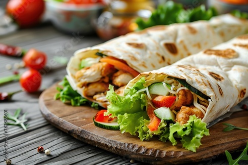 Tortilla wrap with chicken and fresh vegetables in board on wooden table