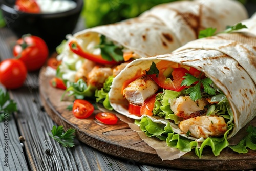 Tortilla wrap with chicken and fresh vegetables in board on wooden table