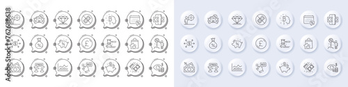 Trade infochart, Loan percent and Business vision line icons. White pin 3d buttons, chat bubbles icons. Pack of Car leasing, Saving money, Loyalty points icon. Vector