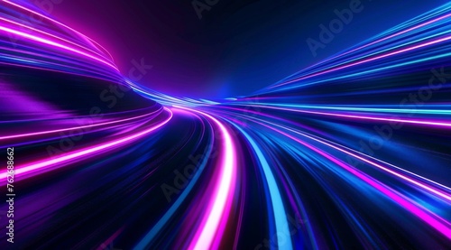 Dynamic neon light pathways on purple background - A vivid abstract image of neon light streaks speeding through a purple space - conveys movement and technology