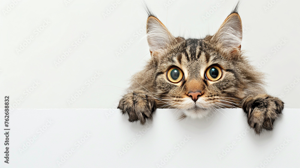 cat peeking behind the white wall on a white background. cat peeking behind the white wall on a white background.