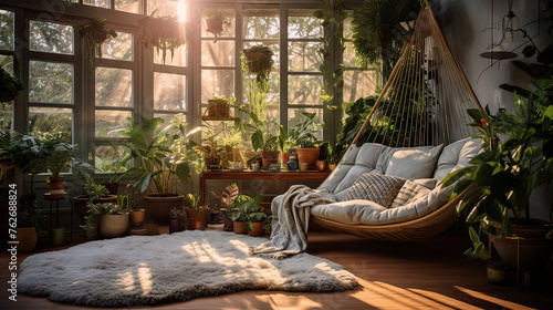 A cozy living room with a white rug, a hanging hammock, and lots of plants. The room has a warm and inviting atmosphere, perfect for relaxing and unwinding