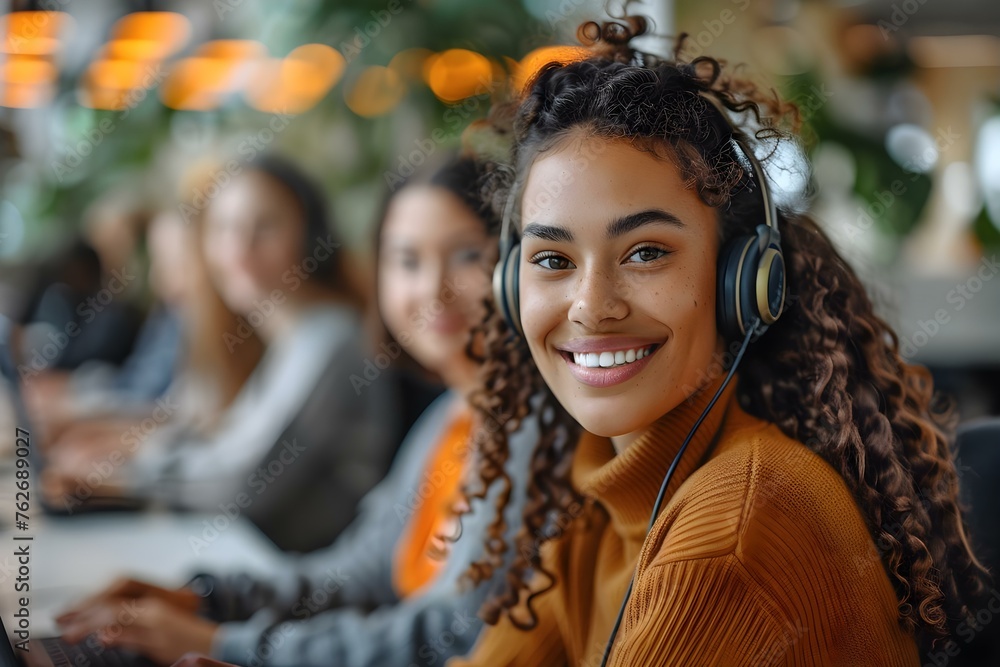 Obraz premium A team of diverse professionals in a call center busily at work. Concept Diverse Professionals, Call Center, Teamwork, Busy Environment, Corporate Setting